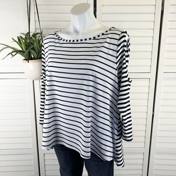 IC‎ by Connie K Black White Stripe Cold Shoulder Blouse Top Lagenlook Size L - Picture 1 of 9